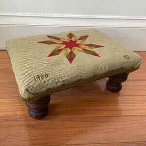 Vintage 1980 Handcrafted Needlepoint Footstool with Star Pattern and Wooden Legs